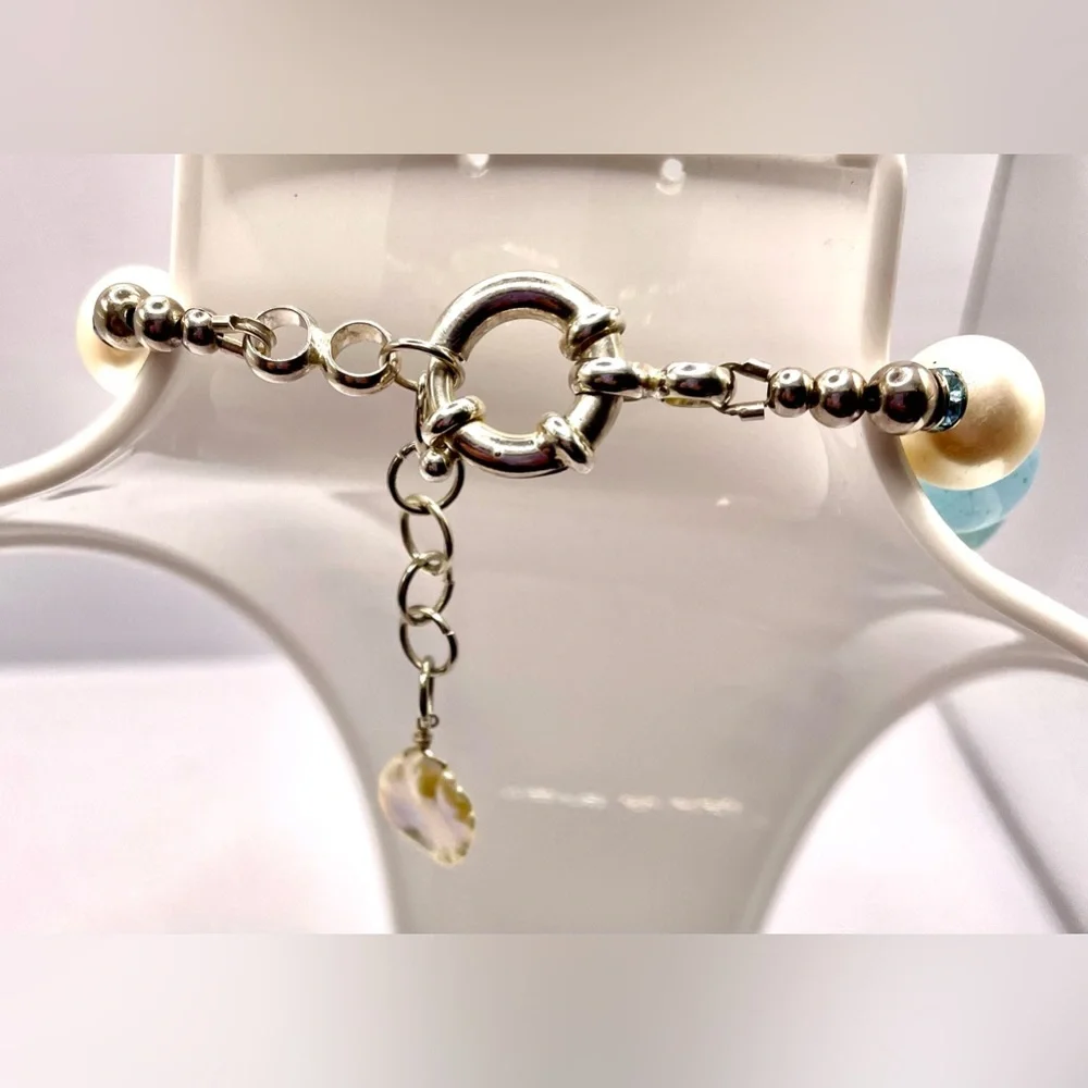 Gorgeous Aquamarine Beaded Necklace Fresh Water Pearls Crystal Spacers 925 - Picture 7 of 11